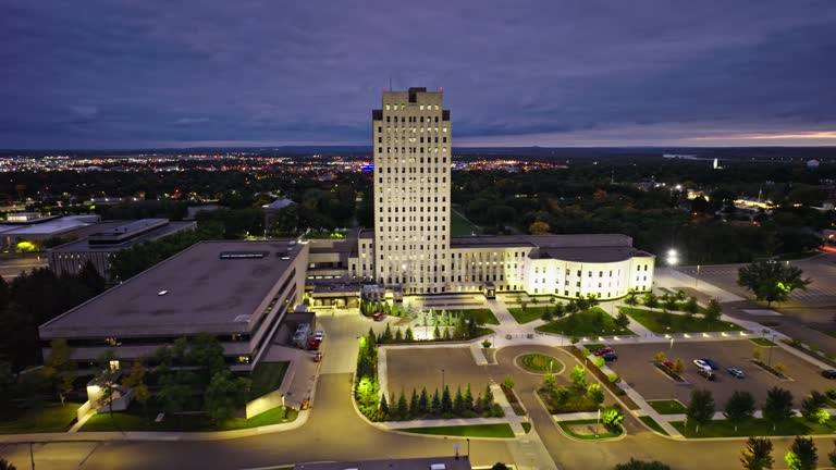A photo of the North Dakota Capital at night